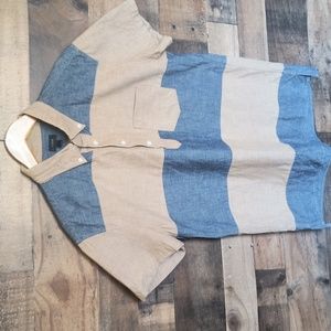J.Crew Chambray Beige And Denim Color Block Short Sleeve Popover Shirt Sz Med